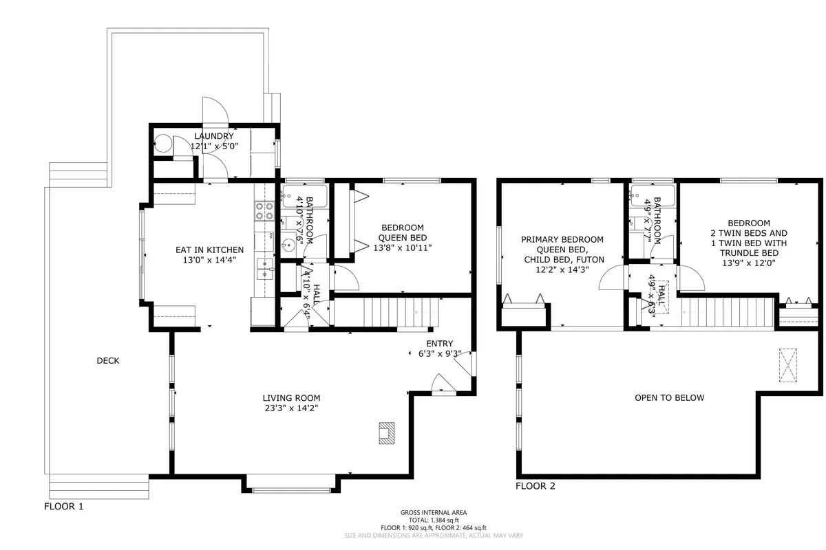 This image offers a broad view of the living room, kitchen, deck, and connecting bedrooms, showing open communal spaces that naturally flow toward the outdoors. The living areas are arranged for gatherings, and you can see how the interior blends with the deck, hinting at opportunities for BBQs and relaxed evenings.